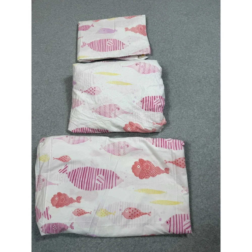 Pottery Barn Kids Full Sheet Set 3pc Pink Fish Cotton Flat Fitted Pillow